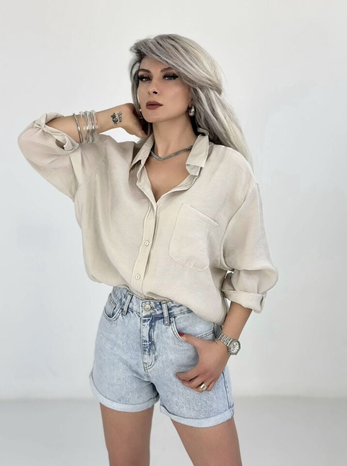 Bej Salaş Pamuk Saten Gömlek