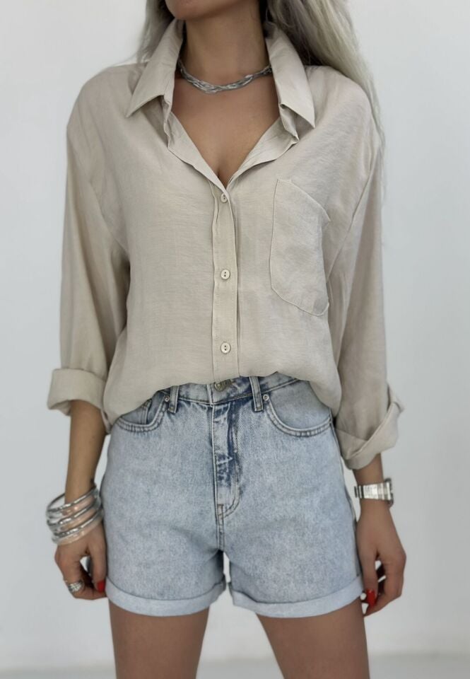 Bej Salaş Pamuk Saten Gömlek