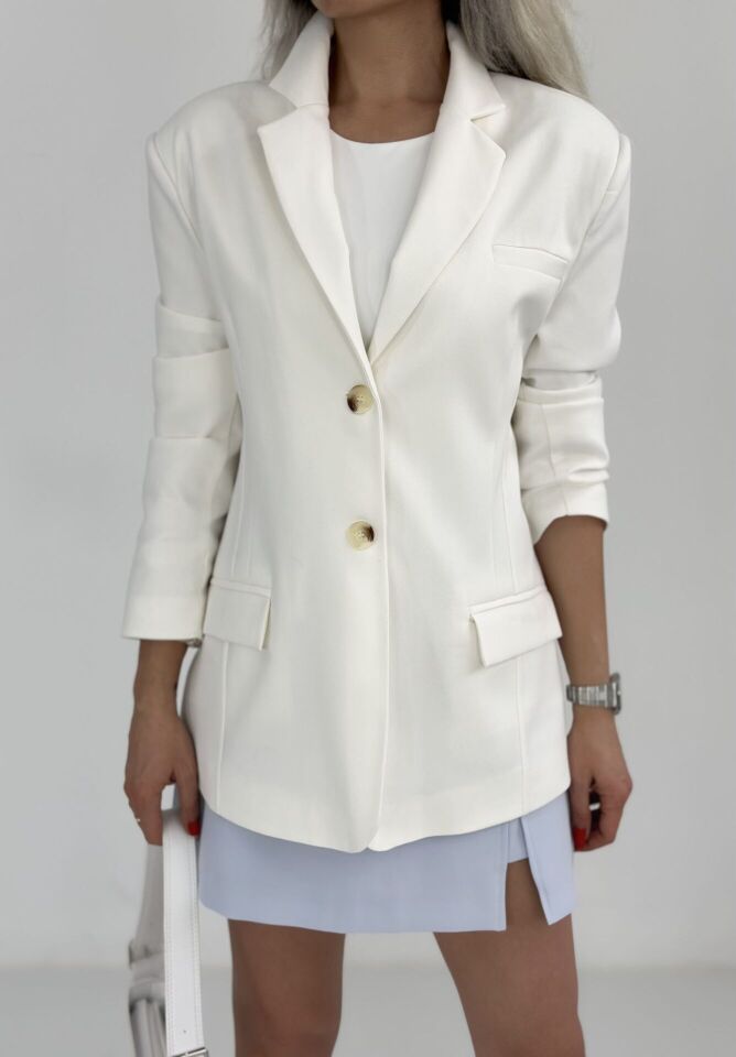Beyaz Belden Oturtmalı Blazer Ceket