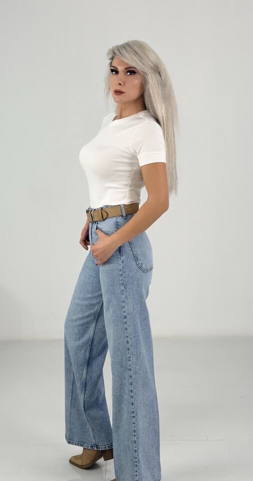 Açık Mavi Yüksek Bel Geniş Paça Jean