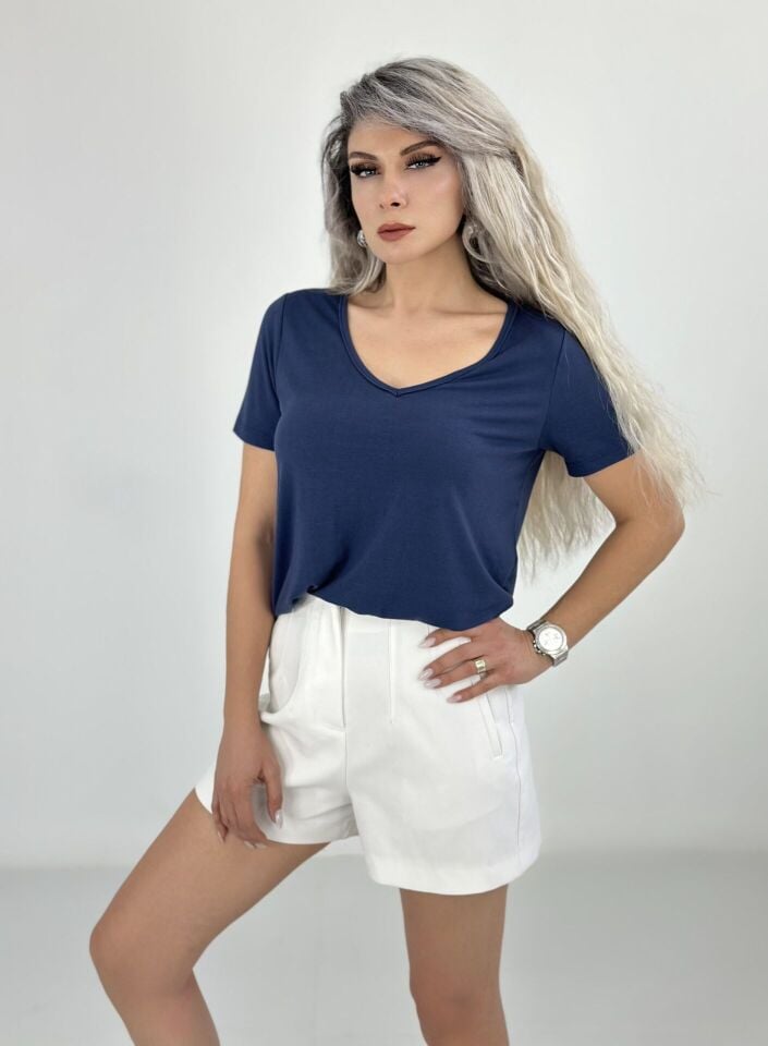 Lacivert V Yaka Dökümlü Penye Tshirt