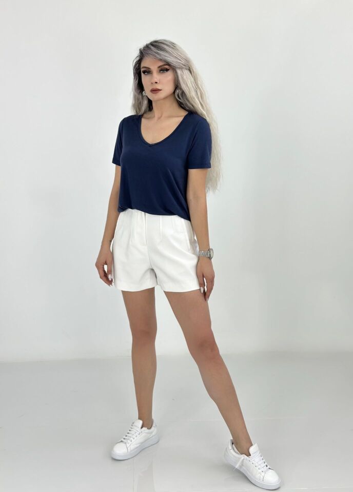 Lacivert V Yaka Dökümlü Penye Tshirt