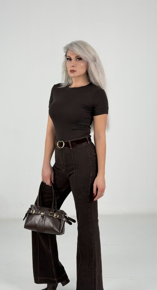 Kahve Dikiş Detaylı Yüksek Bel İspanyol Paça Jean