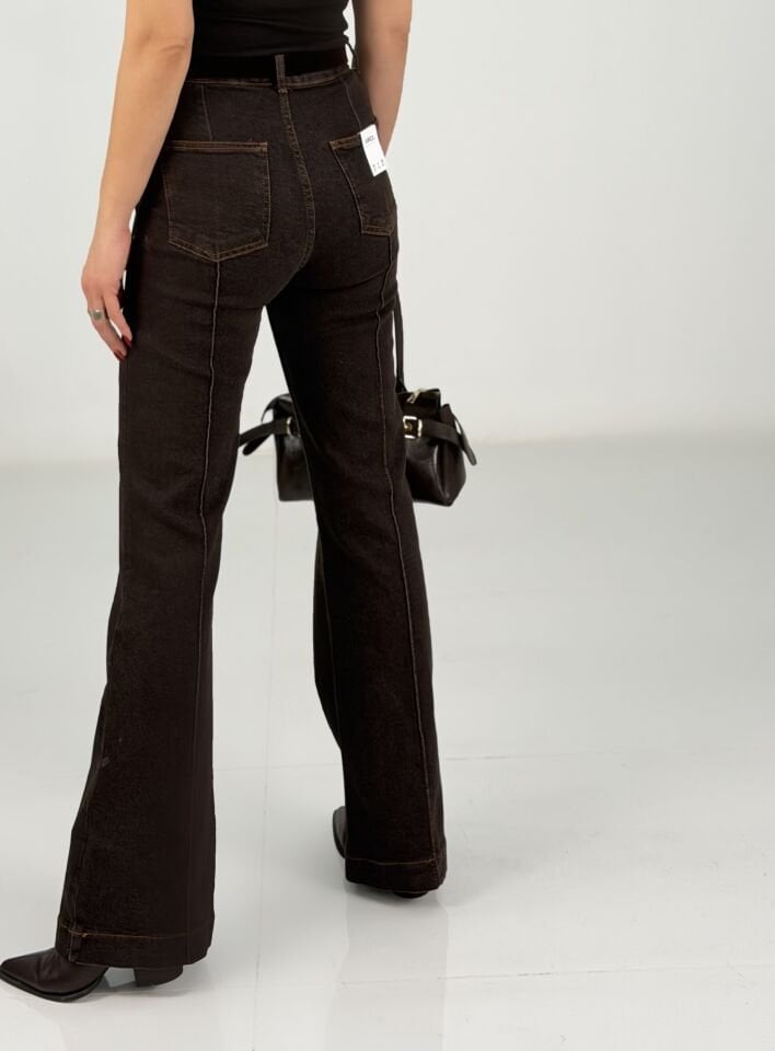 Kahve Dikiş Detaylı Yüksek Bel İspanyol Paça Jean