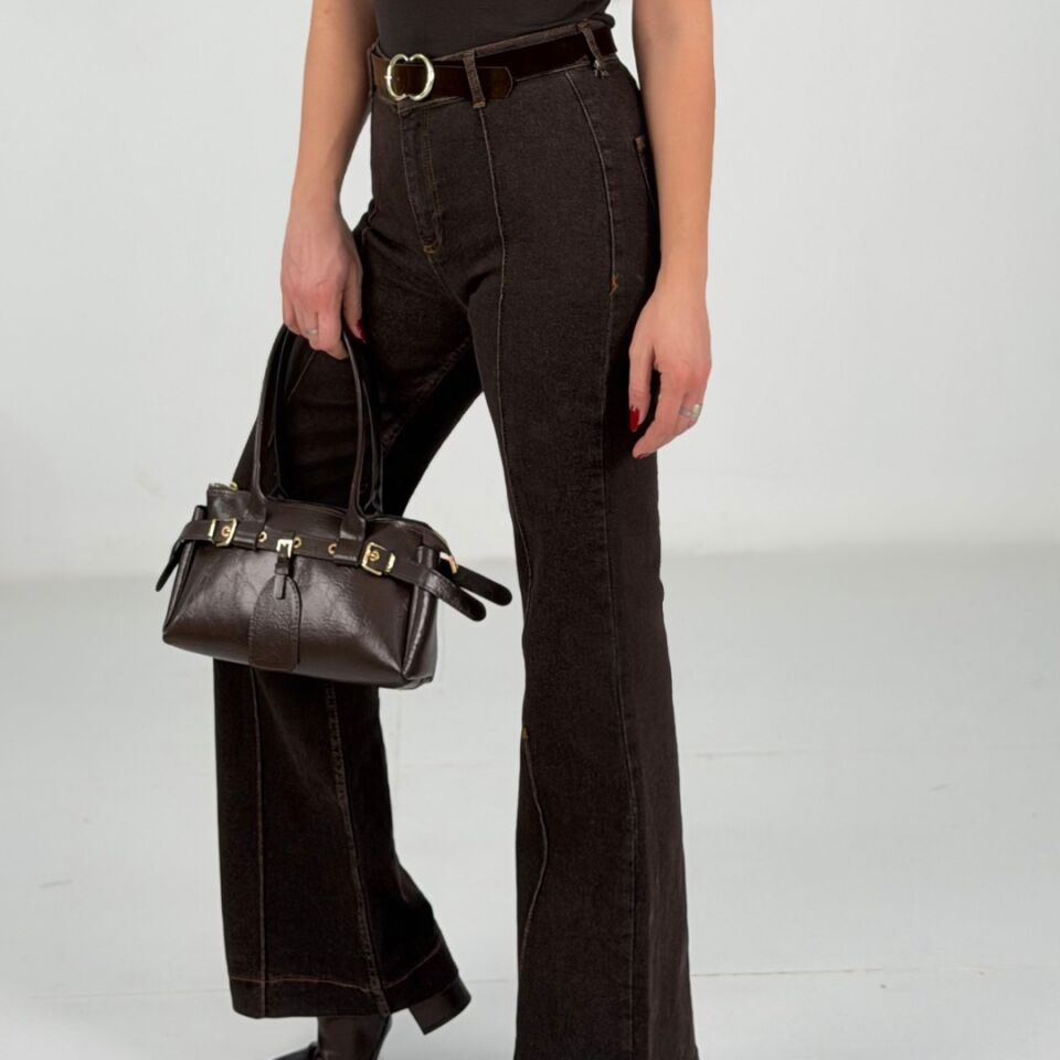 Kahve Dikiş Detaylı Yüksek Bel İspanyol Paça Jean