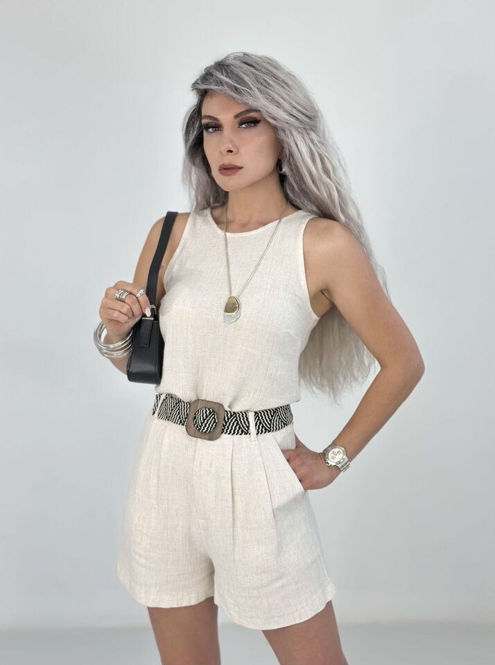 Bej Kolsuz Keten Kemerli Şortlu Takım