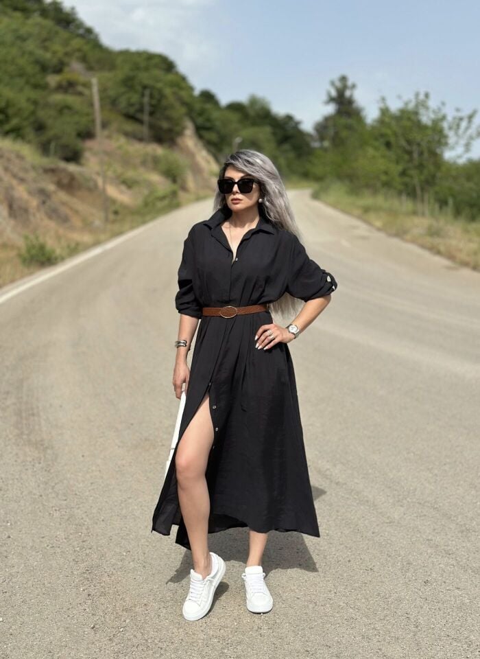 Siyah Kemerli Tensel Kumaş Uzun Gömlek Elbise