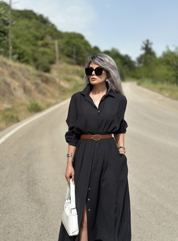 Siyah Kemerli Tensel Kumaş Uzun Gömlek Elbise