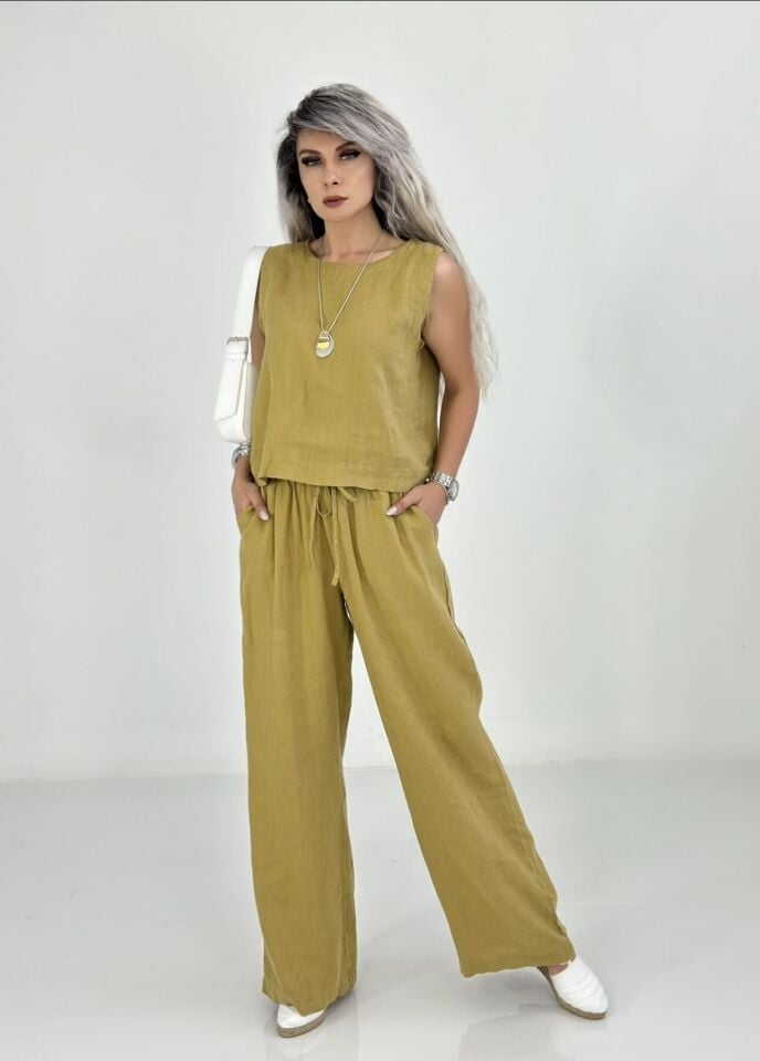 Yağ Yeşili Keten Kolsuz Takım