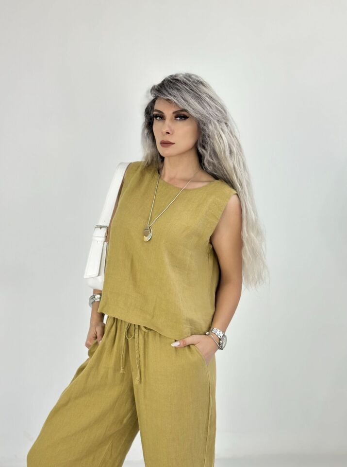 Yağ Yeşili Keten Kolsuz Takım