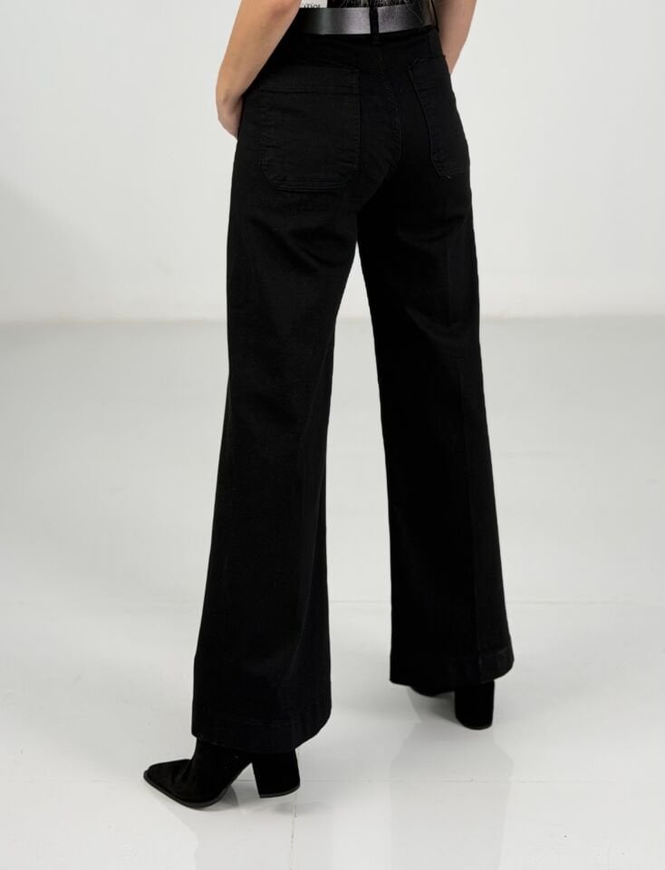 Siyah Yüksek Bel Likralı Geniş Paça Jean