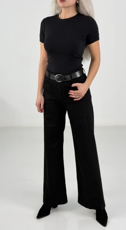 Siyah Yüksek Bel Likralı Geniş Paça Jean