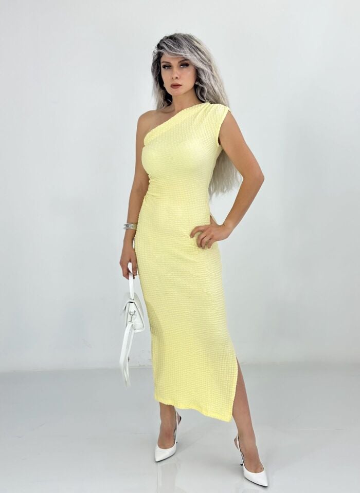 Sarı Tek Omuz Yan Yırtmaç Detay Maxi Elbise