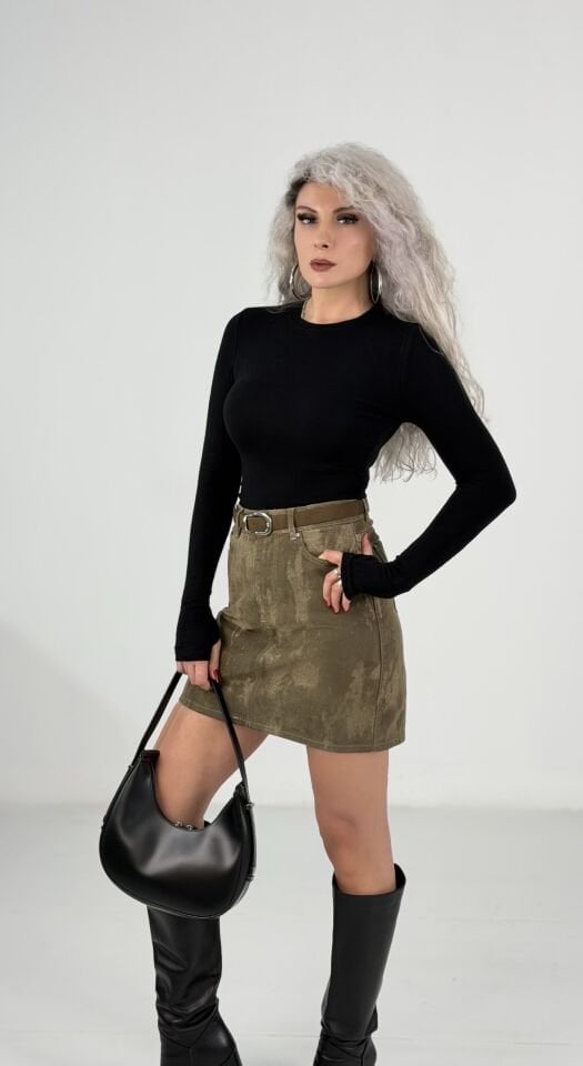 Siyah Uzun Kol Parmak Geçmeli Modal Basic Body