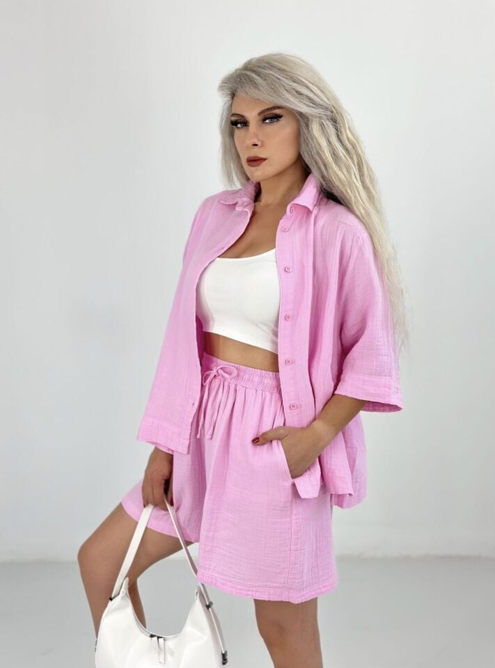 Pembe Müslin Kumaş Gömlek Şort Takım