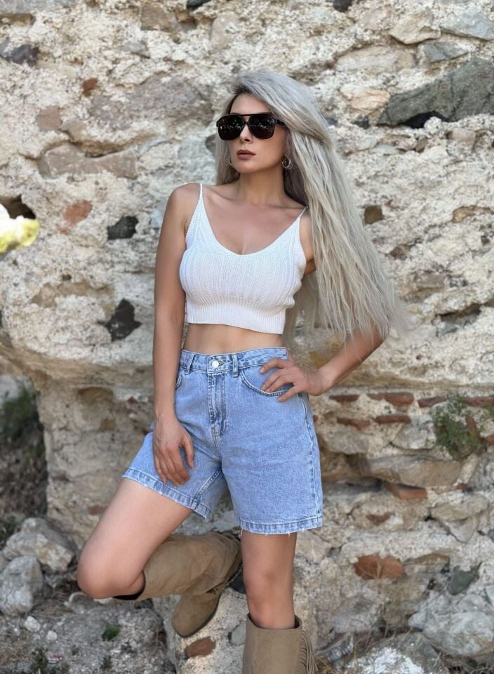 Açık Mavi Yüksek Bel Kot Şort