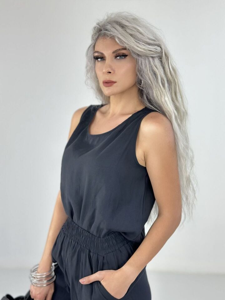 Siyah Tensel Kumaş Kolsuz Takım