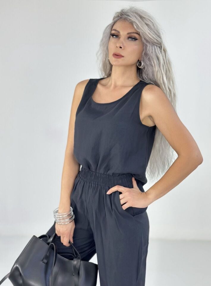 Siyah Tensel Kumaş Kolsuz Takım