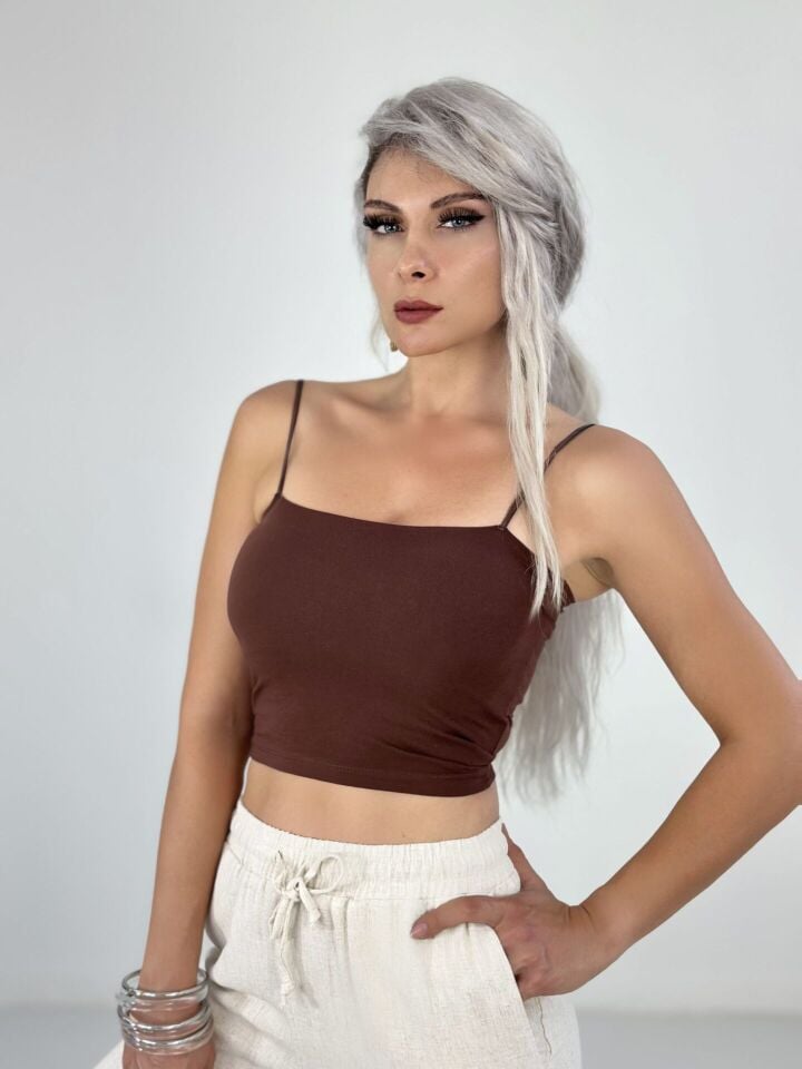 Kahve İp Askılı Gögüs Destekli Crop Atlet
