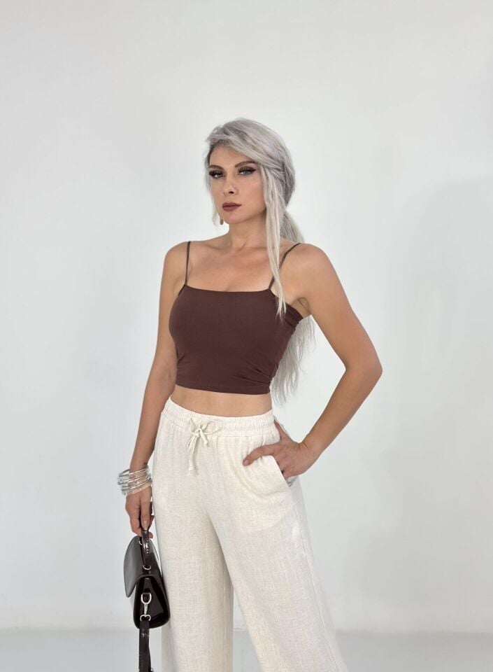 Kahve İp Askılı Gögüs Destekli Crop Atlet