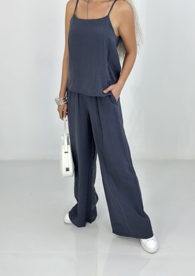 Koyu Gri Askılı Bluz Pantolon Takım