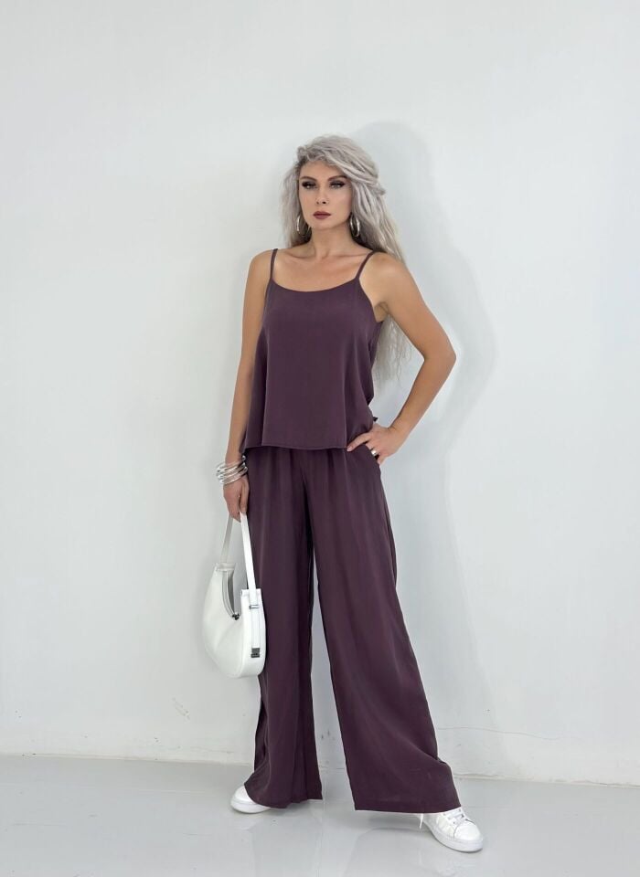 Mürdüm Askılı Bluz Pantolon Takım