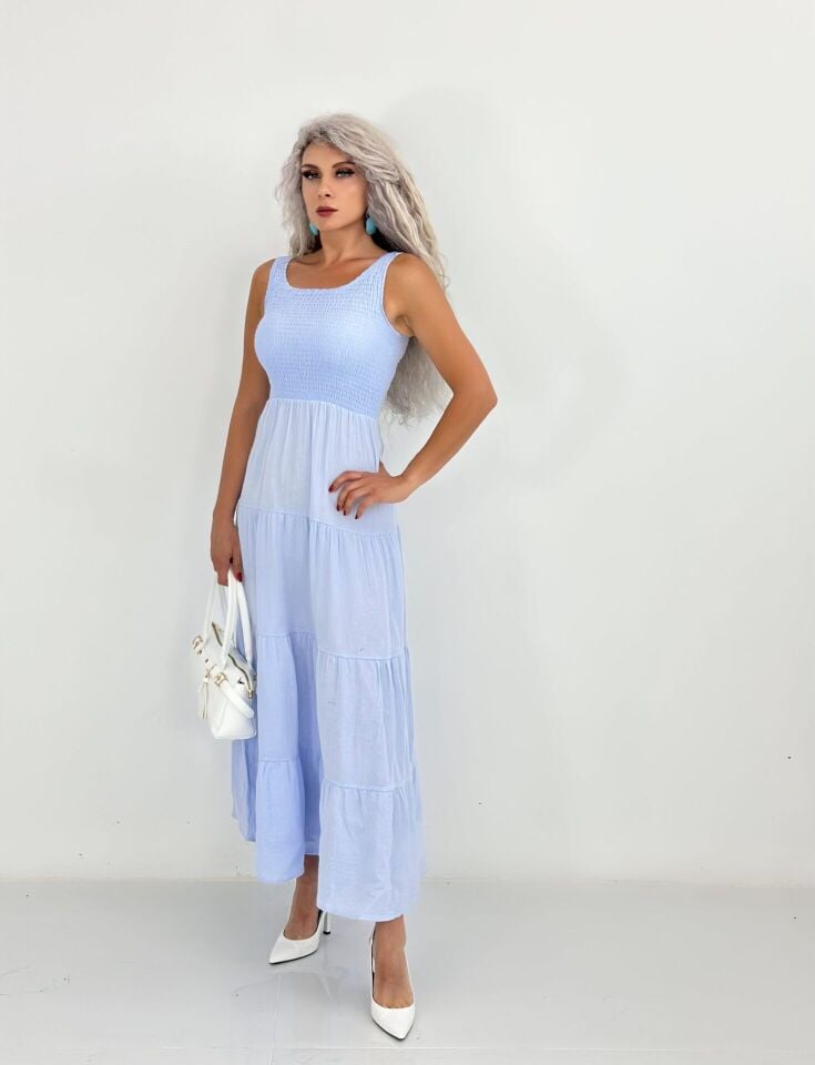 Mavi Kolsuz Müslin Kumaş Uzun Elbise