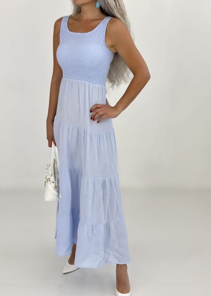 Mavi Kolsuz Müslin Kumaş Uzun Elbise
