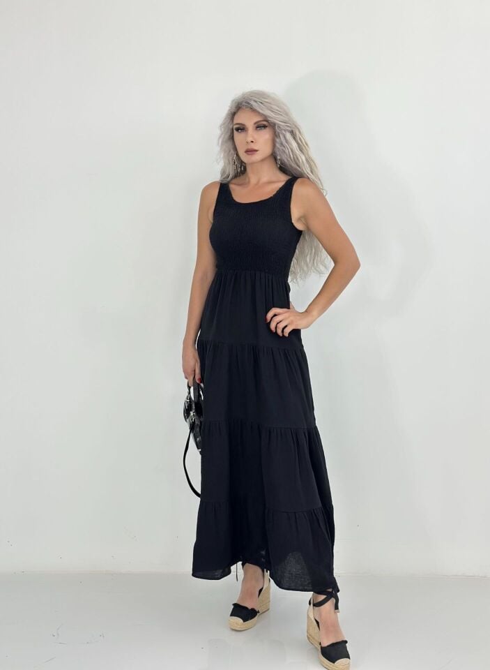 Siyah Kolsuz Müslin Kumaş Uzun Elbise