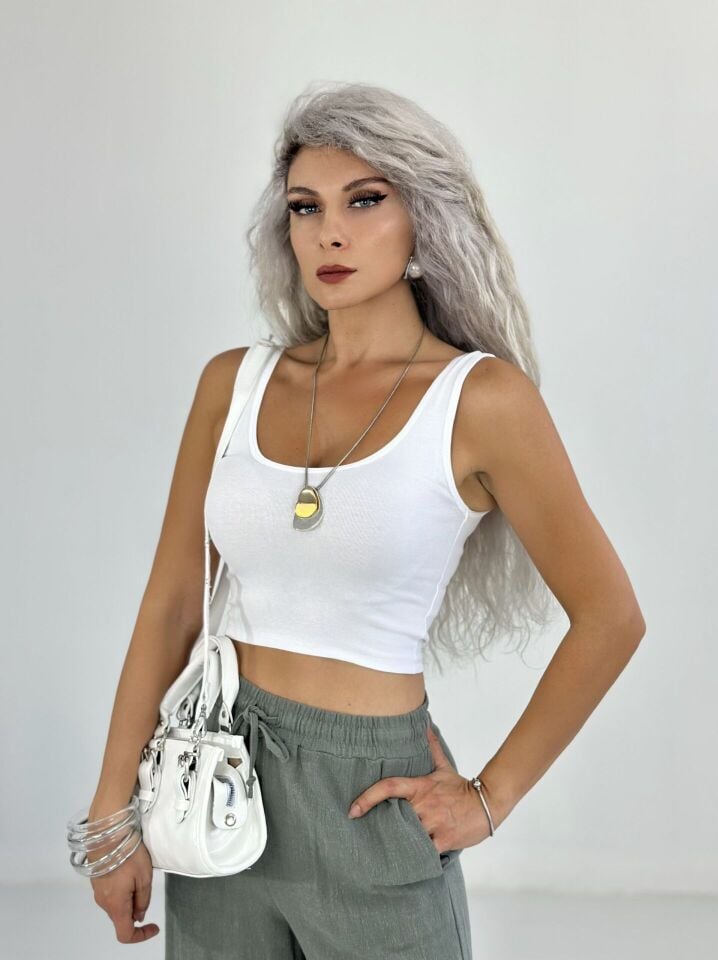 Beyaz Kalın Askılı Penye Crop Atlet