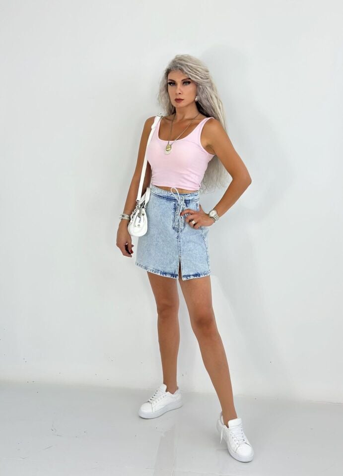 Pembe Kalın Askılı Penye Crop Atlet