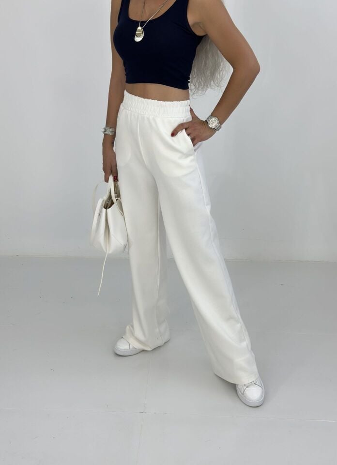 Beyaz Oysh Kumaş Bol Eşofman Altı