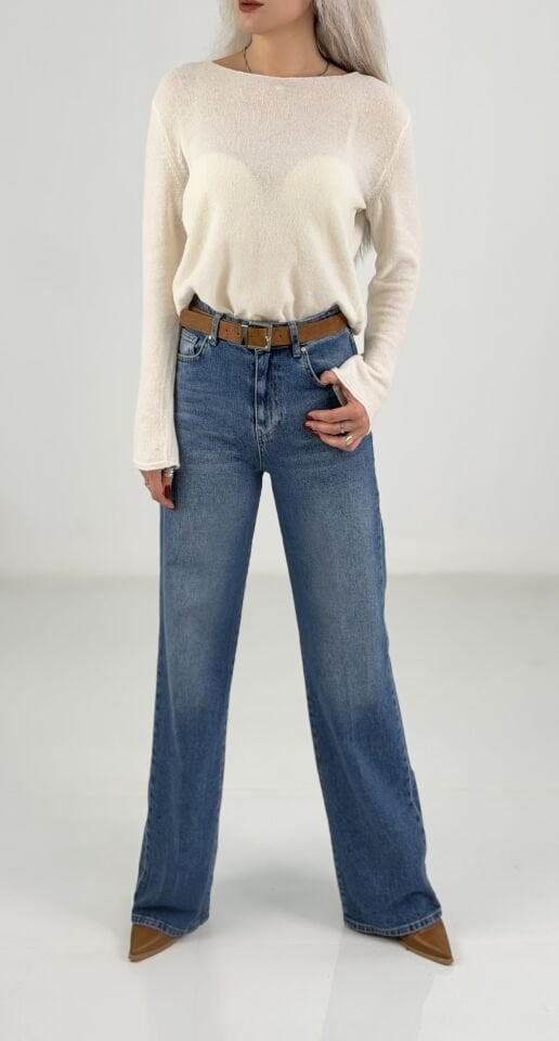 Mavi Kemerli Wide Leg Jean