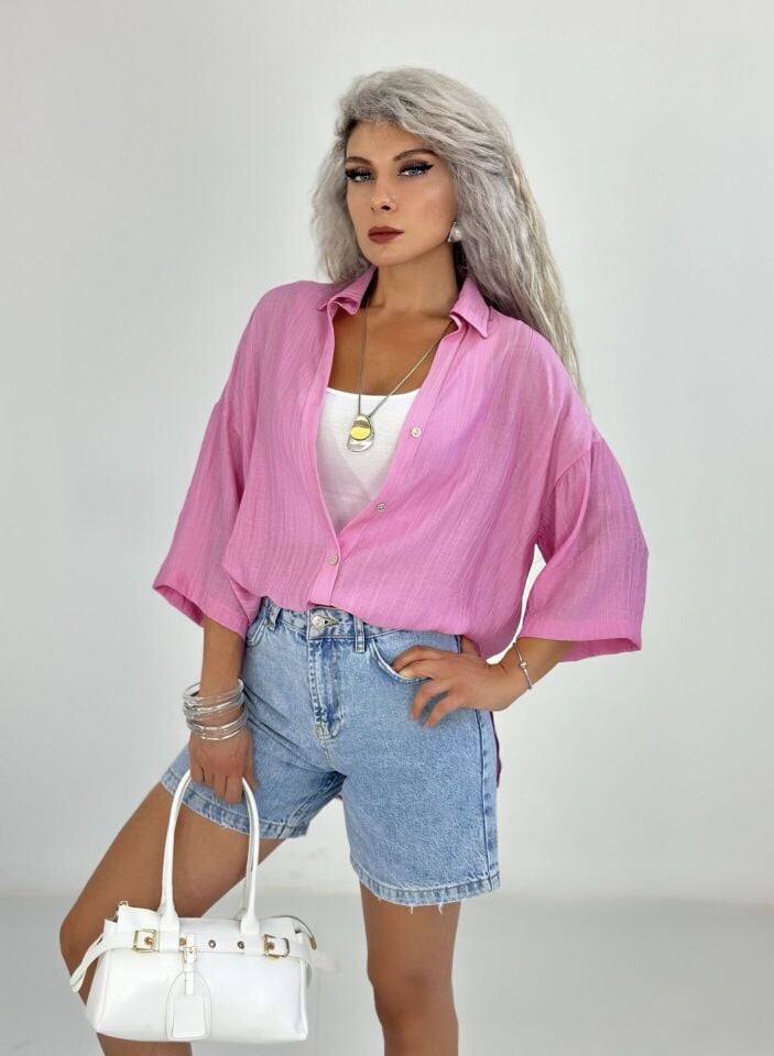 Pembe Yarım Kol Yarı Transparan Gömlek