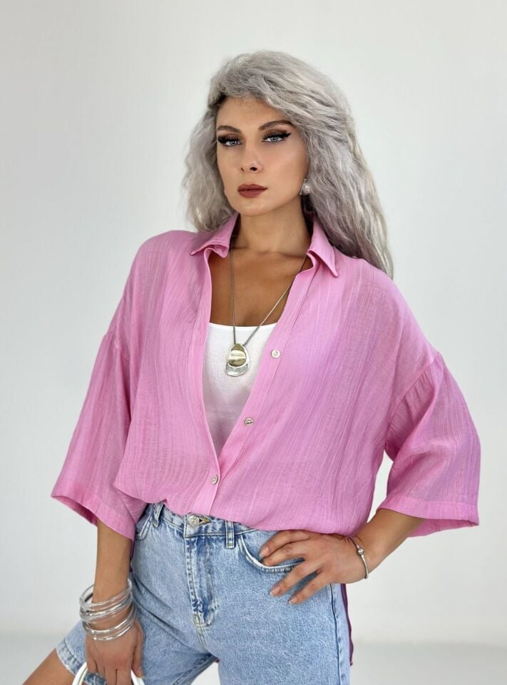 Pembe Yarım Kol Yarı Transparan Gömlek