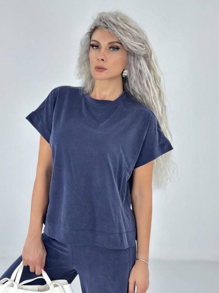 Lacivert Kısa Kol Modal Kumaş Takım