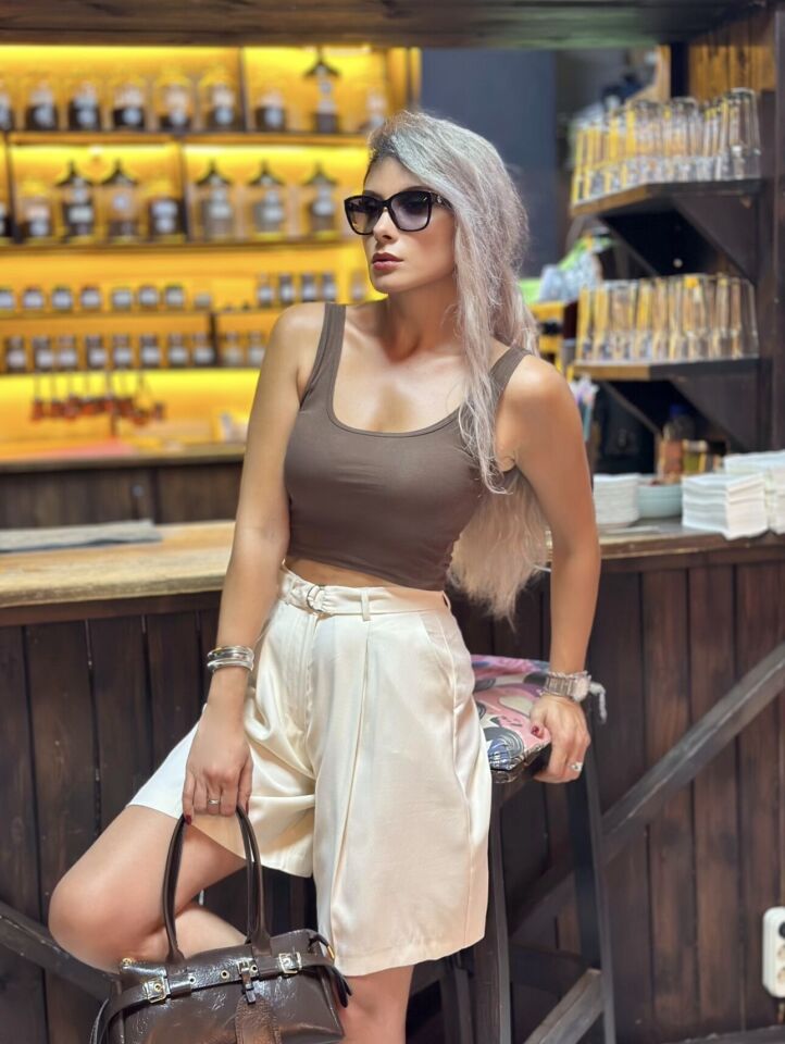 Kahverengi Kalın Askılı Penye Crop Atlet