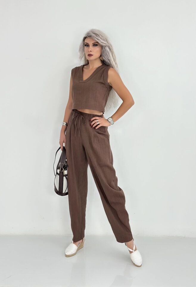 Kahve Kısa Kolsuz Keten Relax Takım