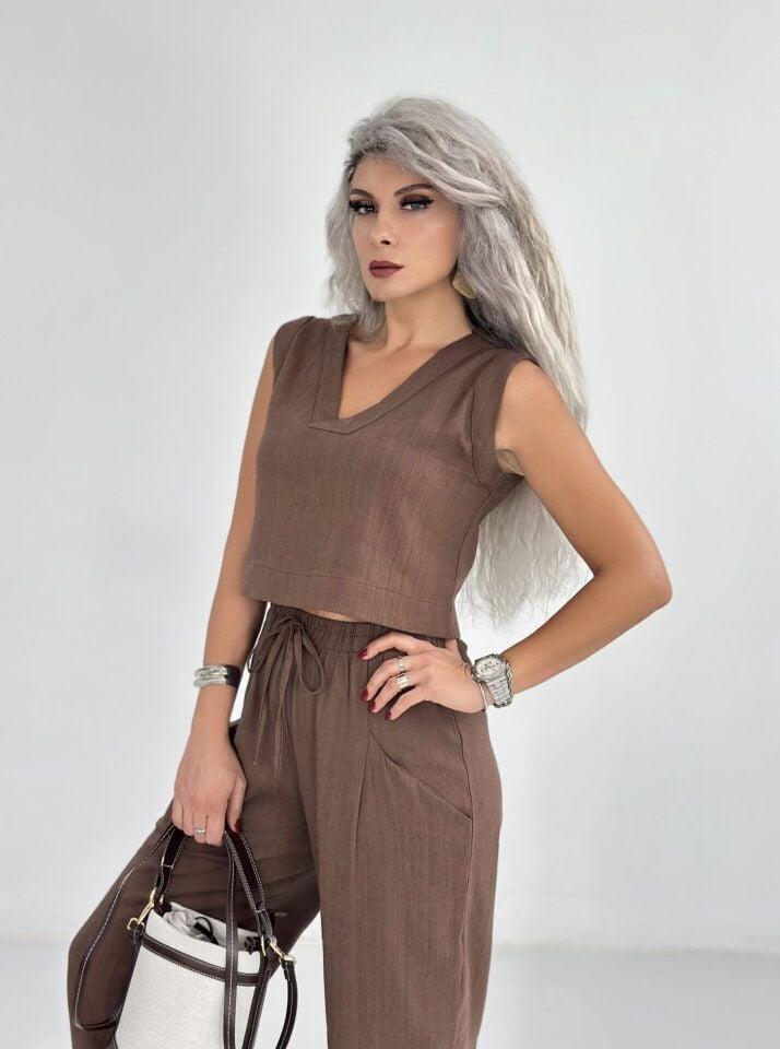 Kahve Kısa Kolsuz Keten Relax Takım