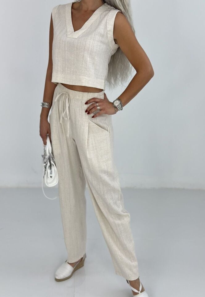 Krem Kısa Kolsuz Keten Relax Takım
