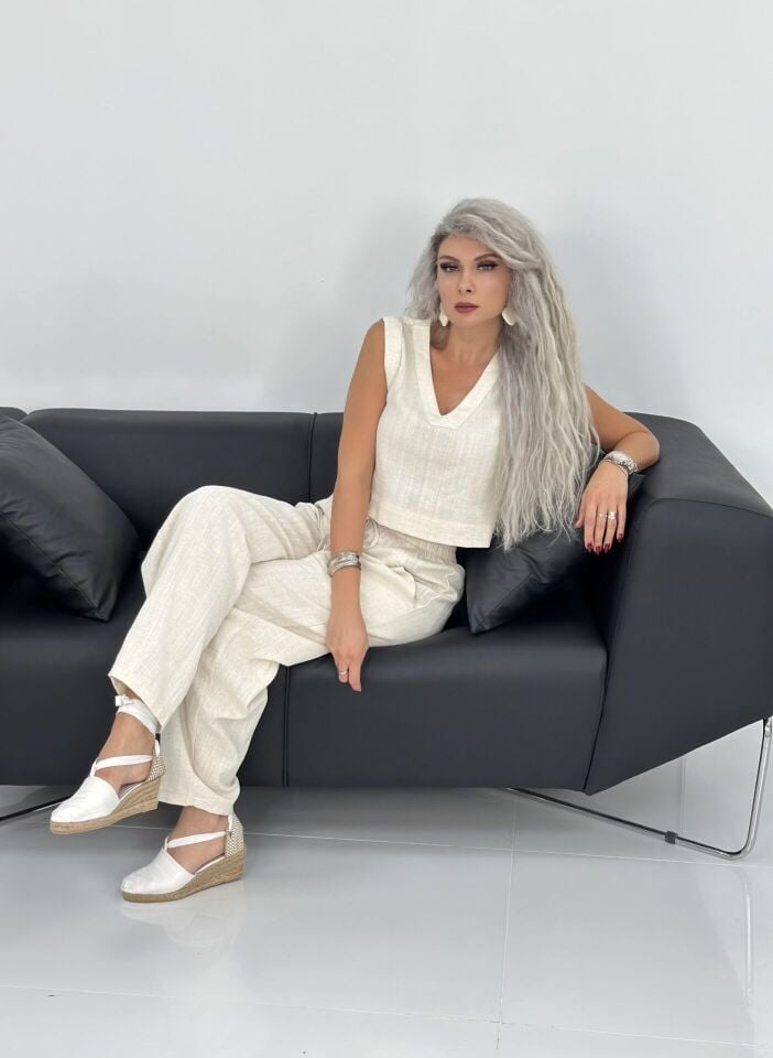 Krem Kısa Kolsuz Keten Relax Takım