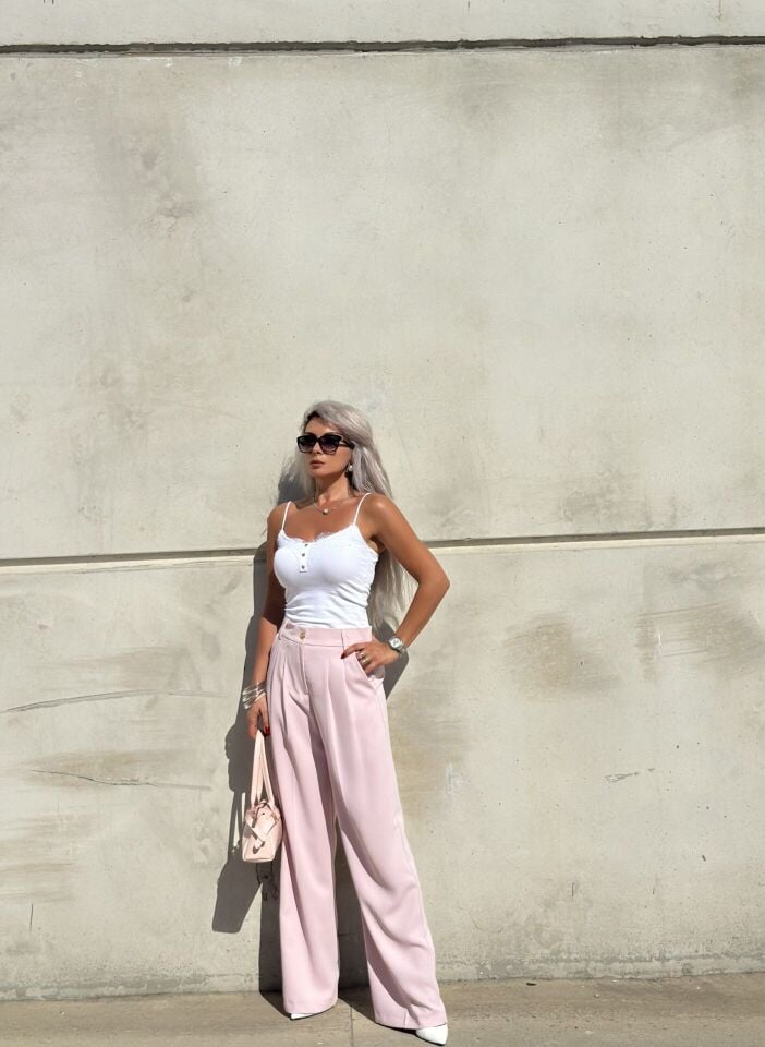 Pudra Pembe Bel Lastikli Bol Paça Pantolon