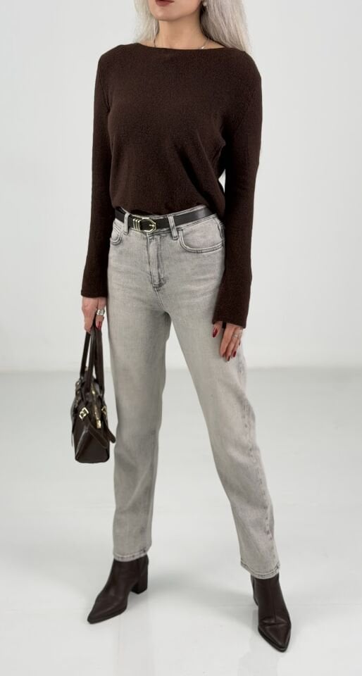 Gri Kemerli Likralı Mom Fit Jean