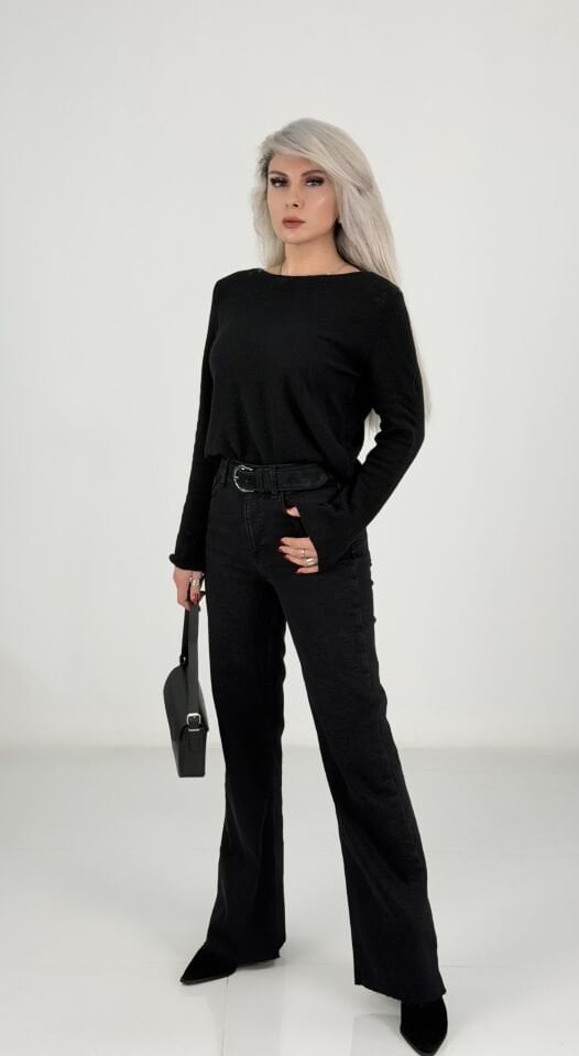 Siyah Yüksek Bel Likralı İspanyol Paça Jean