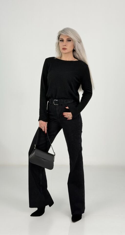 Siyah Yüksek Bel Likralı İspanyol Paça Jean