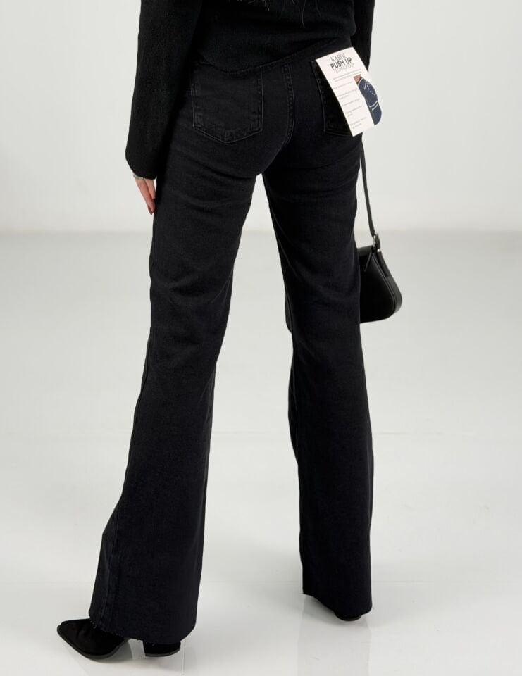 Siyah Yüksek Bel Likralı İspanyol Paça Jean