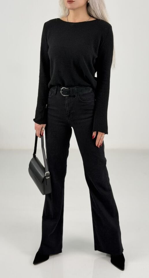 Siyah Yüksek Bel Likralı İspanyol Paça Jean