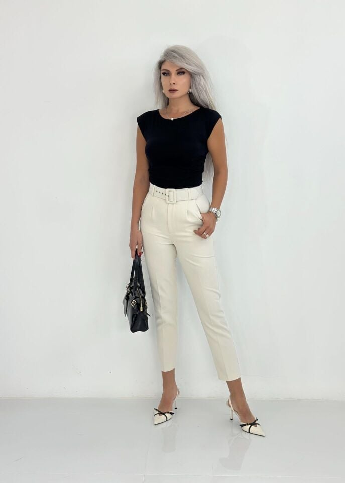 Krem Kalın Kemerli Havuç Pantolon
