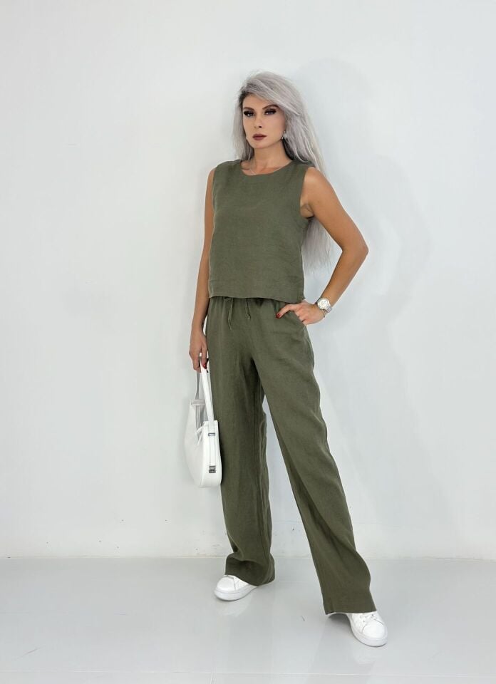 Yeşil Kolsuz Keten Takım