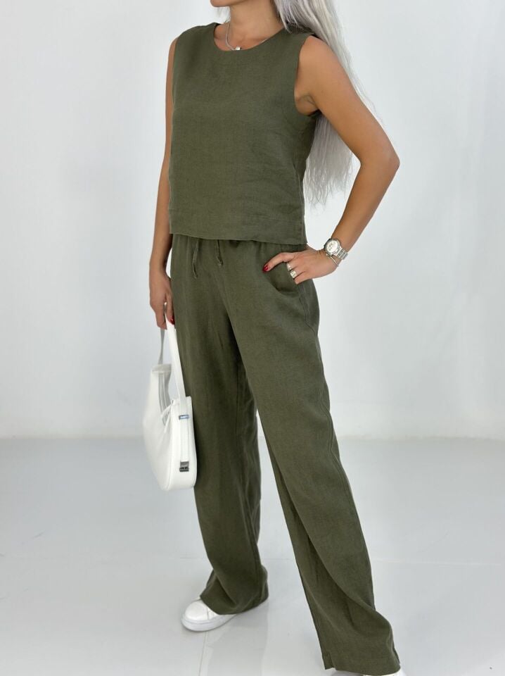 Yeşil Kolsuz Keten Takım